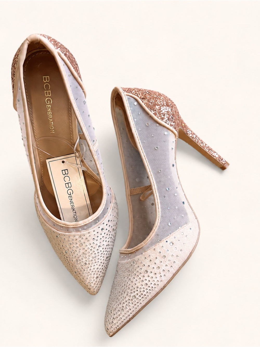 BCBGeneration Rhinestone Mesh Rose Gold Glitter Pumps